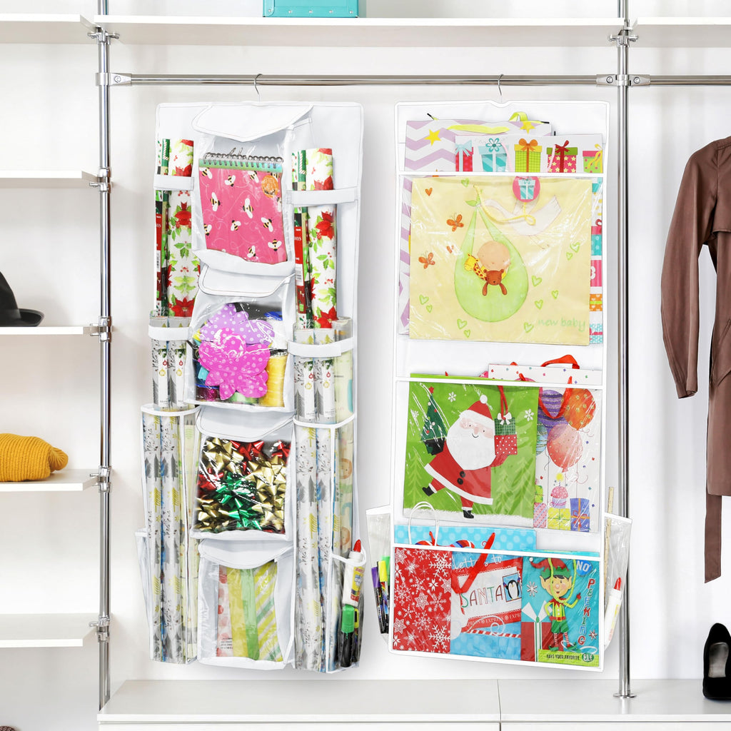 Simple Houseware Double-Sided Hanging Gift Wrap Organizer Storage Pockets, White (Set of 1)