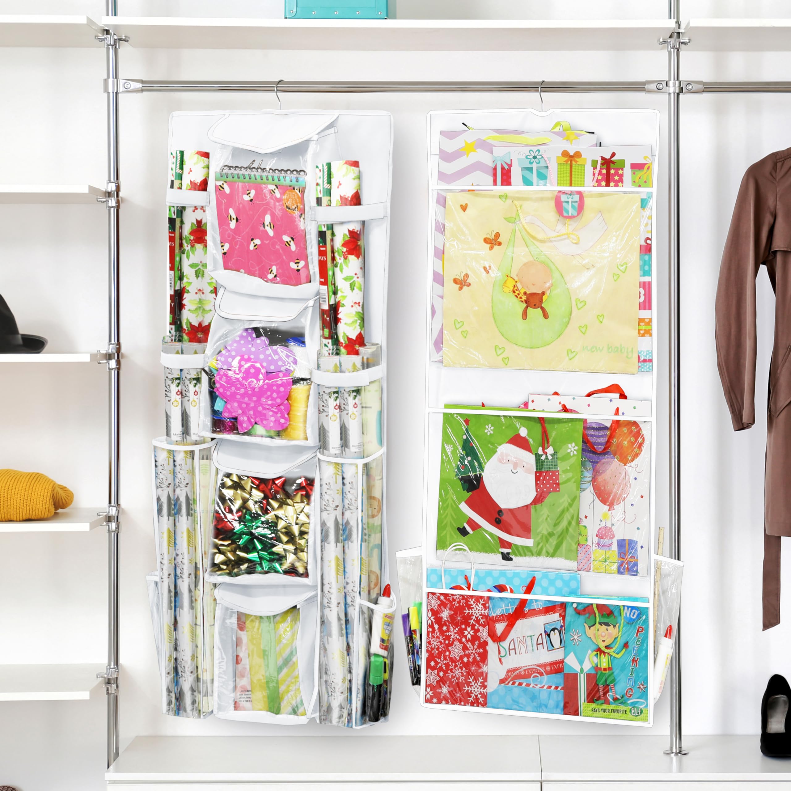 Simple Houseware Double-Sided Hanging Gift Wrap Organizer Storage Pockets, White (Set of 1)