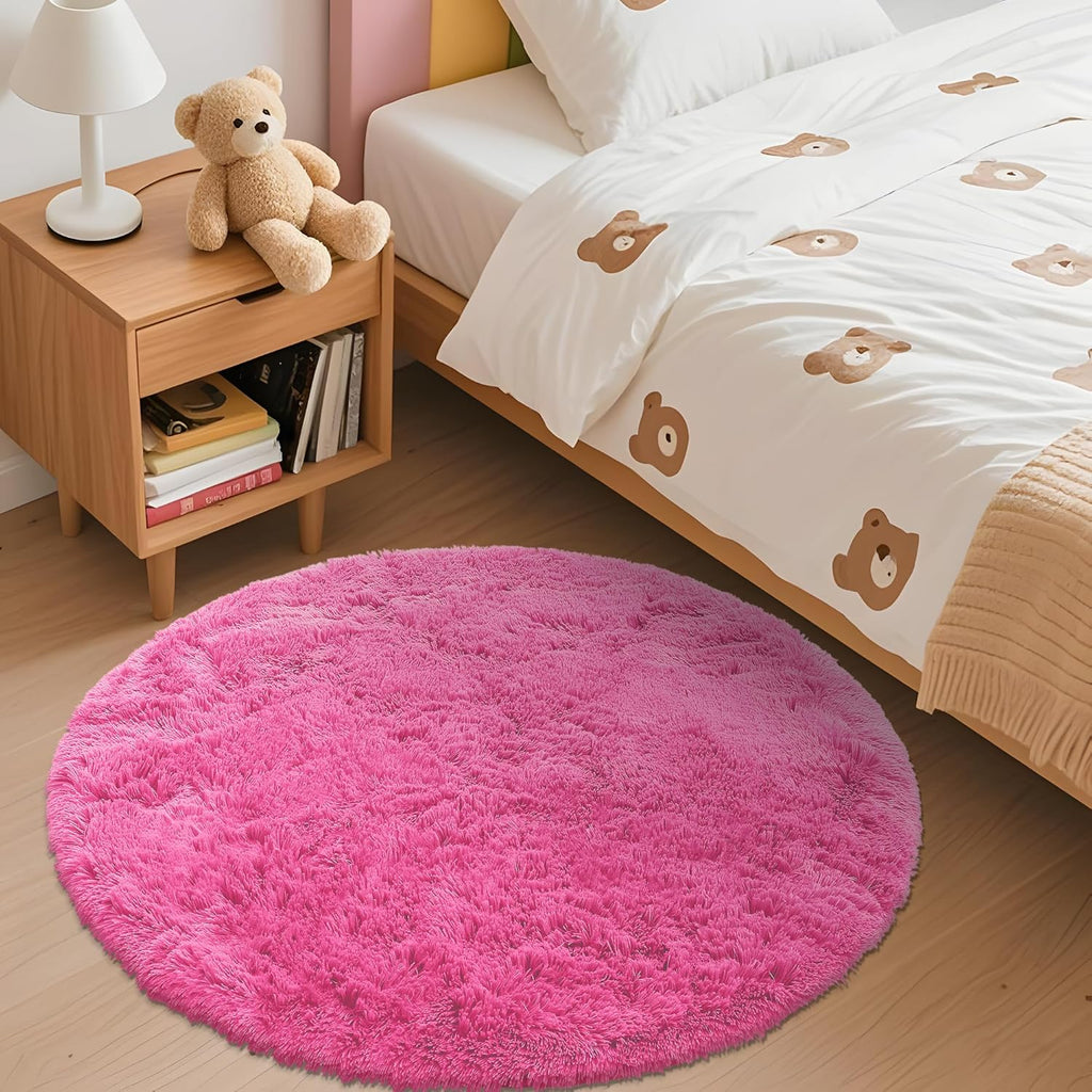 OLANLY Round Hot Pink Area Rug - Soft, Fluffy, Machine Washable 3 ft Circle Carpet for Bedrooms & Nurseries