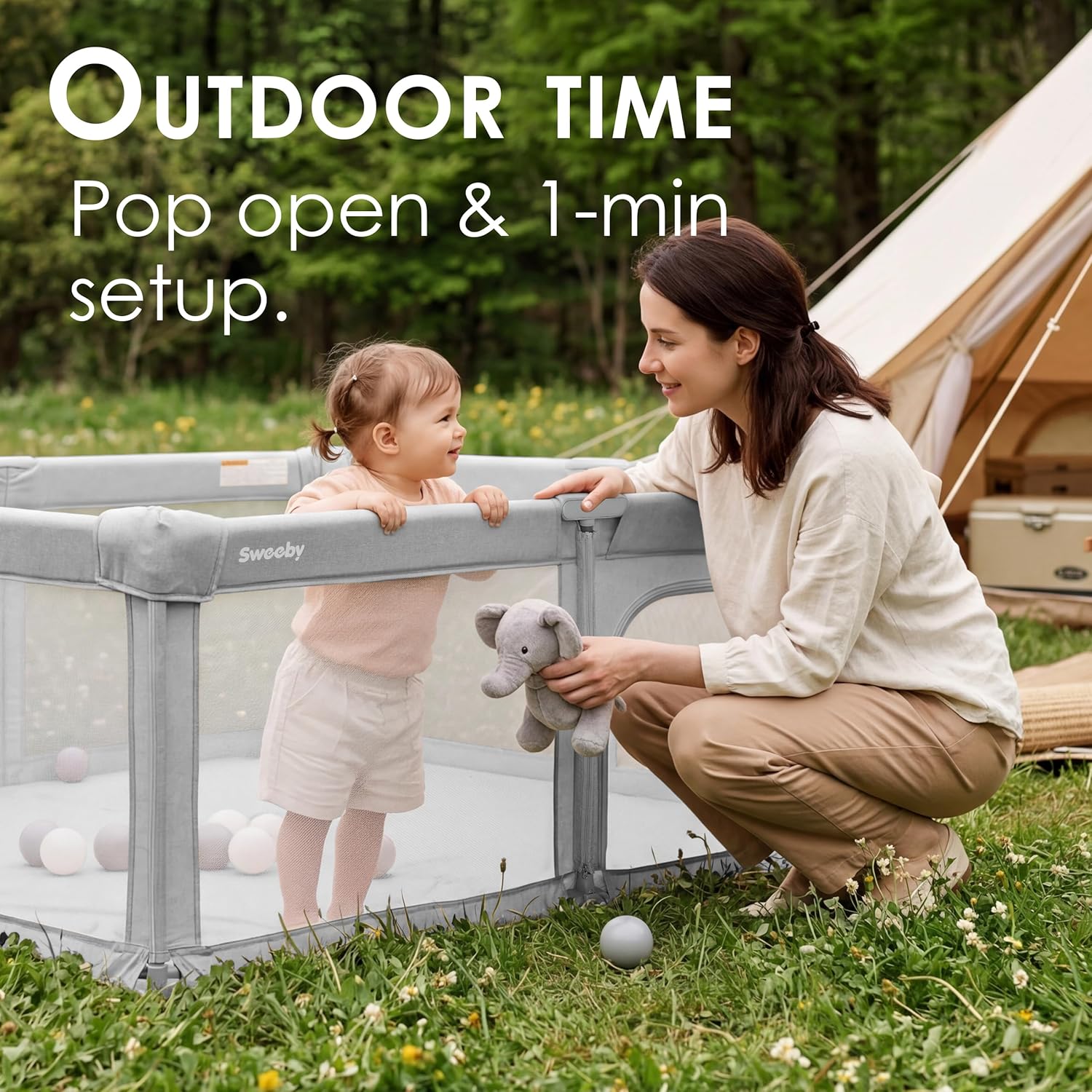Sweeby Baby Playpen - Extra Large 59x59 Inch Foldable Play Yard with Door | Gray Indoor/Outdoor Fence