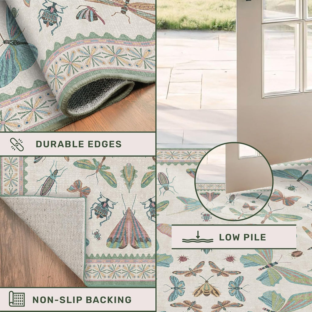 Regine Switzerland Washable Sage Green Large Entryway Rug - Non-Slip Vintage Floral Design, 3x5