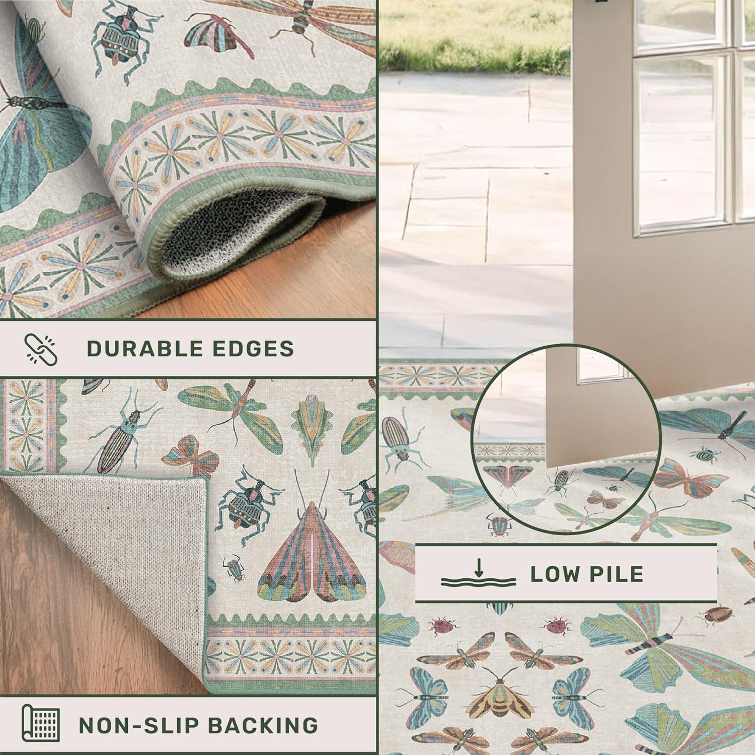 Regine Switzerland Washable Sage Green Large Entryway Rug - Non-Slip Vintage Floral Design, 3x5