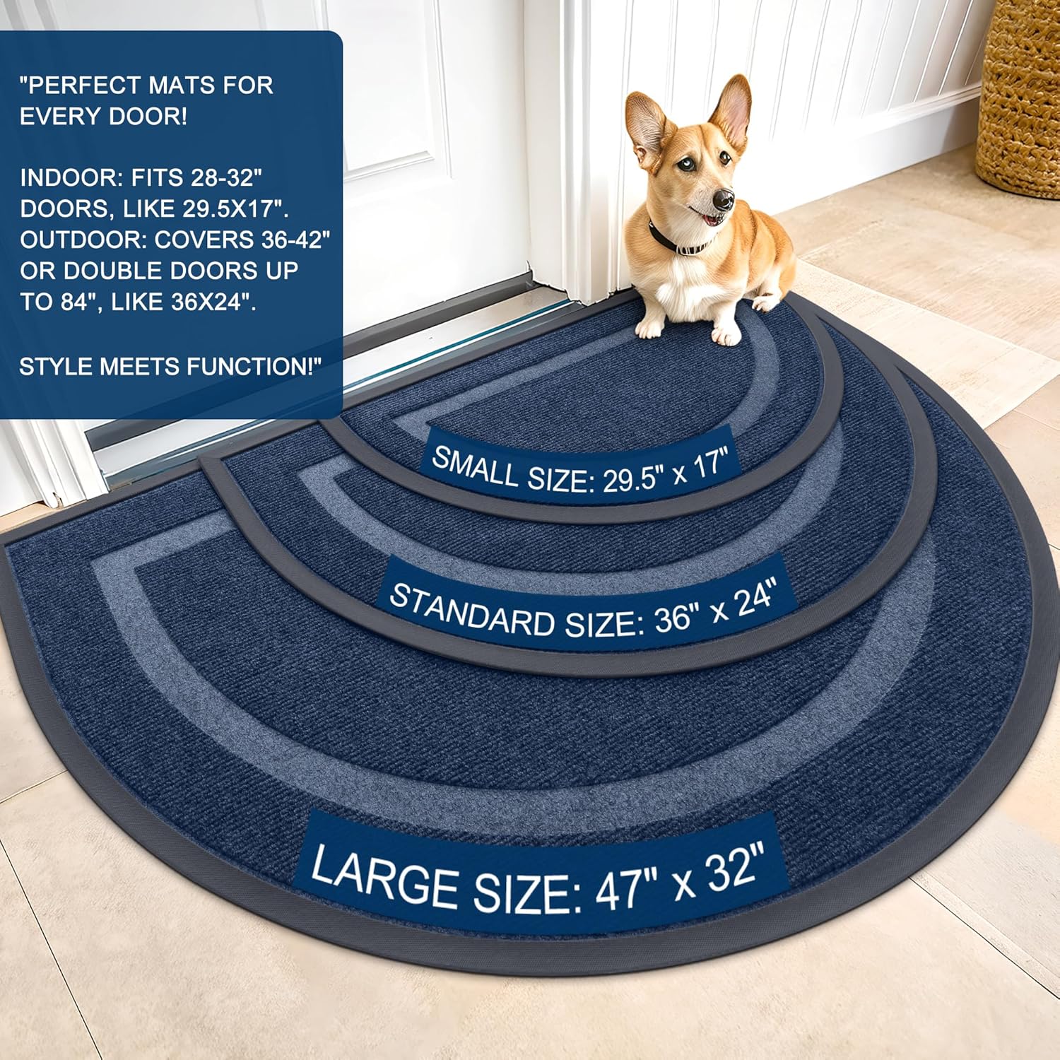 OLANLY Half Circle Door Mat - Waterproof All-Season Indoor/Outdoor Welcome Mat | Easy Clean, 29.5x17, Blue