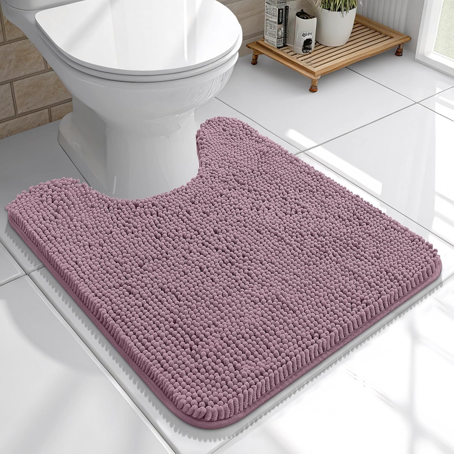 OLANLY U-Shaped Toilet Rugs - Extra Soft, Absorbent Chenille Bathroom Mat | 20x20, Deep Plum, Machine Washable