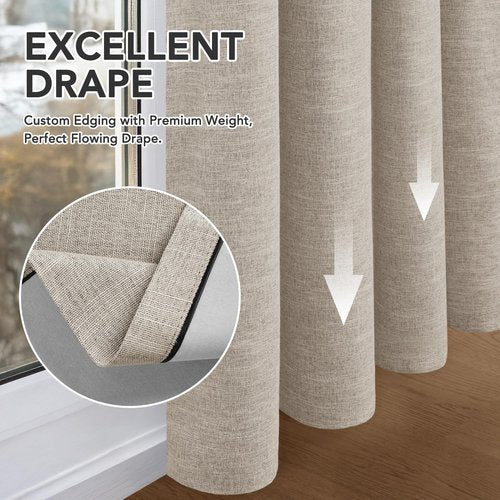 Deconovo Faux Linen 100% Blackout Curtains with Hidden Tabs & Pleat Tape, Tiebacks Included, Thermal Insulated Noise-Reducing Drapes for Bedroom & Living Room, Dark Beige, 50W x 108L, 2 Panels