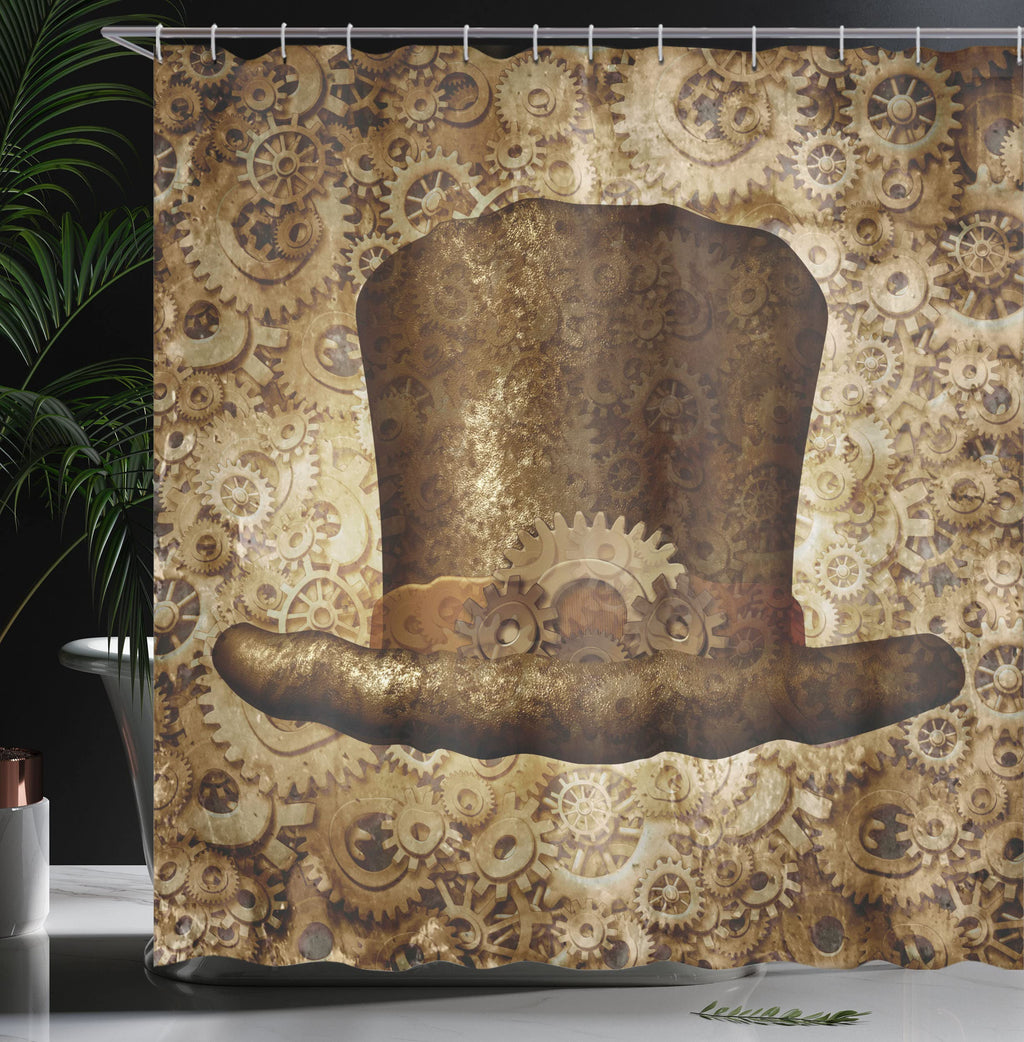 Ambesonne Victorian Shower Curtain, Steampunk Hat Fantasy Science Fiction Concept Futuristic Gears Cogs Print, Cloth Fabric Bathroom Decor Set with Hooks, 69" W x 84" L, Sand Brown