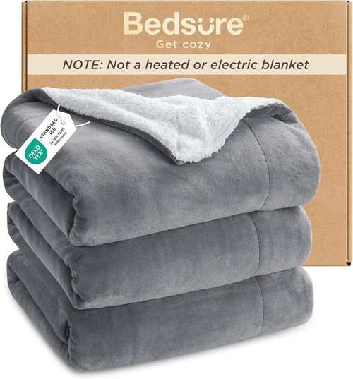 Bedsure GentleSoft Sherpa Fleece Queen Blanket - Thick, Warm, Plush Throw for Winter | Grey, 90x90 Inches
