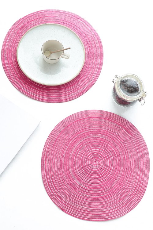 Floroom 15 Inch Round Braided Placemats Set of 4, Washable Heat Resistant Cotton Polyester Circle Place Mats for Kitchen Dining Table - Berry Pink