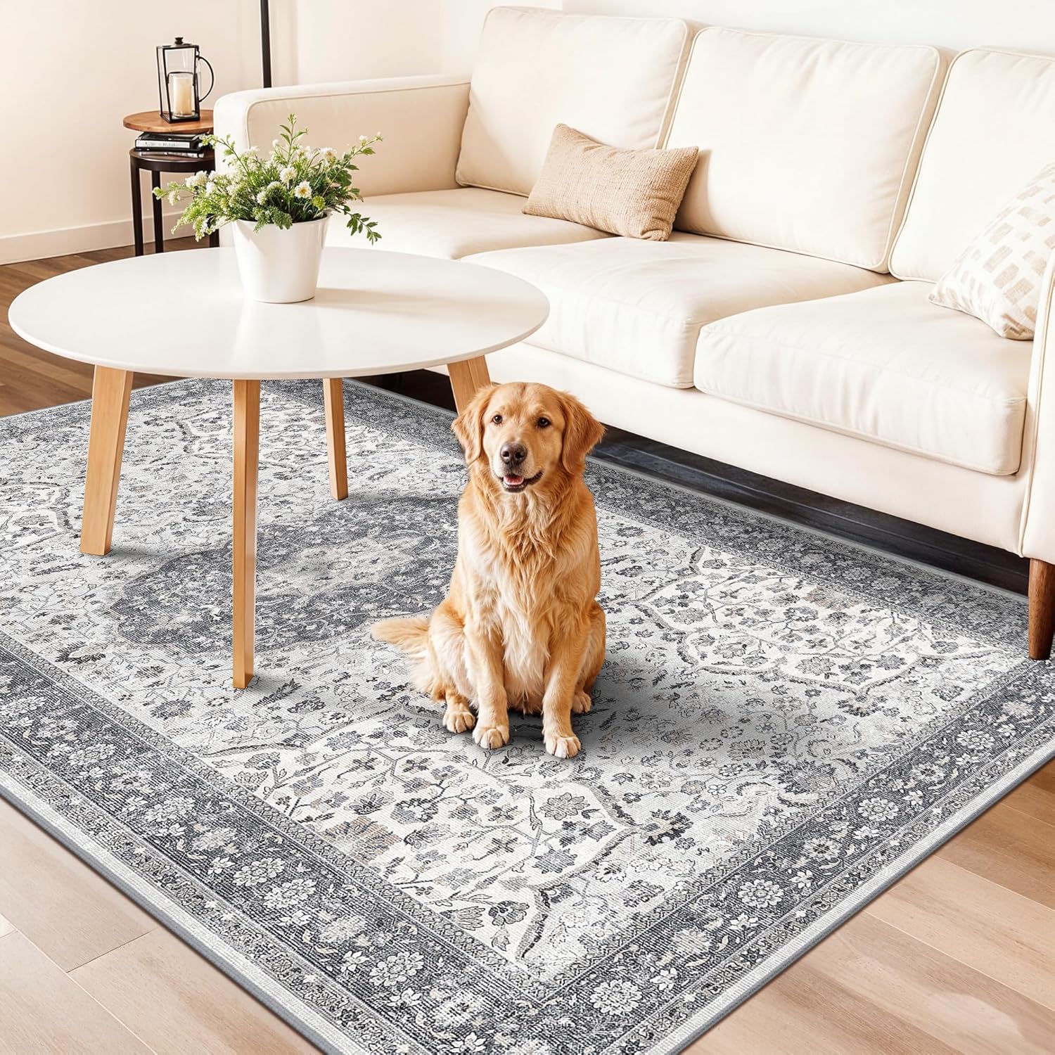 Regine Switzerland 4x8 Washable Runner Rug - Stain Resistant Oriental Design | Soft Non-Slip Carpet for Entryway, Kitchen, and Bathroom (Grey)