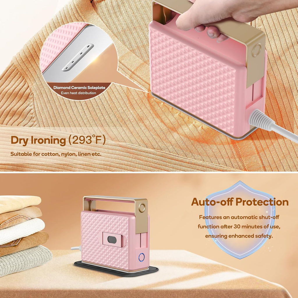 Newbealer Travel Steam Iron - Handheld Steamer with Non-Stick Soleplate & Auto-Off | Pink, Global Voltage 100-240V