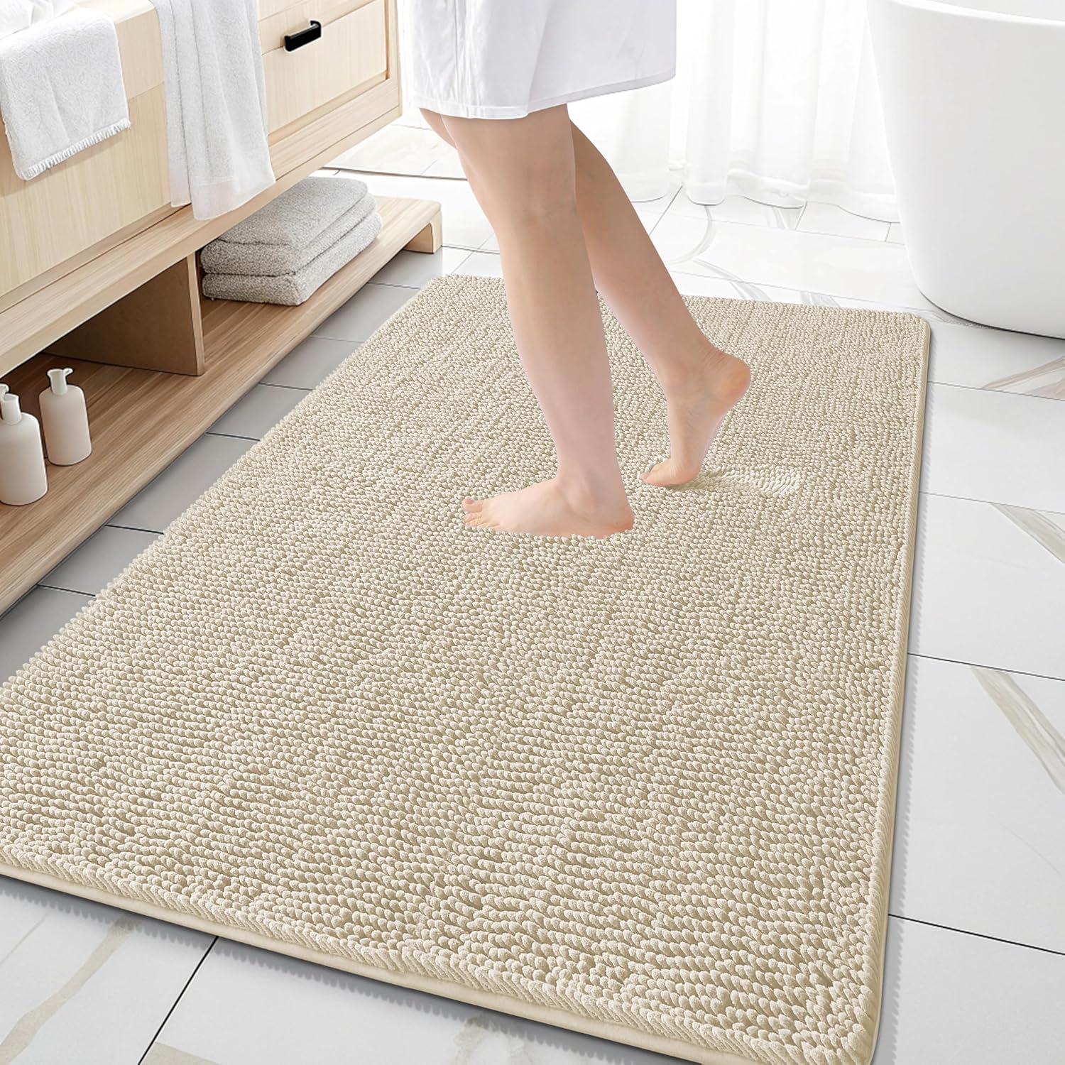 OLANLY Large Bathroom Rugs - Extra Soft Chenille Bath Mats | Quick Dry, Machine Washable, 59x35, Sand