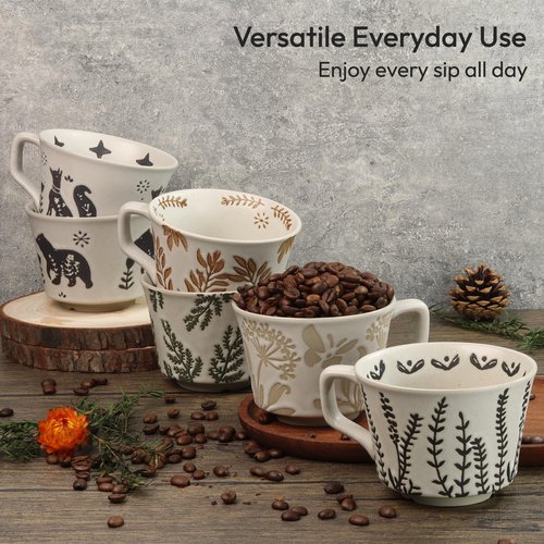 LINVIA Ceramic Coffee Mug, 12 oz Small Novelty Unique Teacup with Handle, Stoneware Cup for Tea Mocha Latte Cappuccino (Set of 2, Fox and Bear)