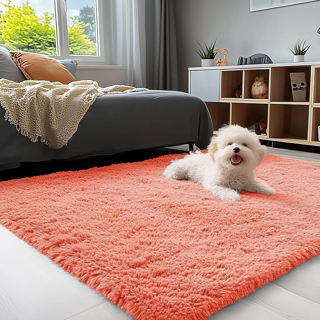 OLANLY 3x5 Soft Fluffy Shaggy Bedside Rug - Machine Washable Indoor Carpet for Kids & Nursery | Coral Red