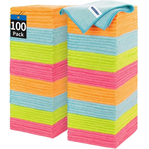 HOMERHYME Microfiber Cleaning Cloth, 100 Pack Cleaning Rags, 12" x 12" Shop Towels, Lint Free Reusable All Purpose Microfiber Towels for Cars Kitchen House Office Automotive