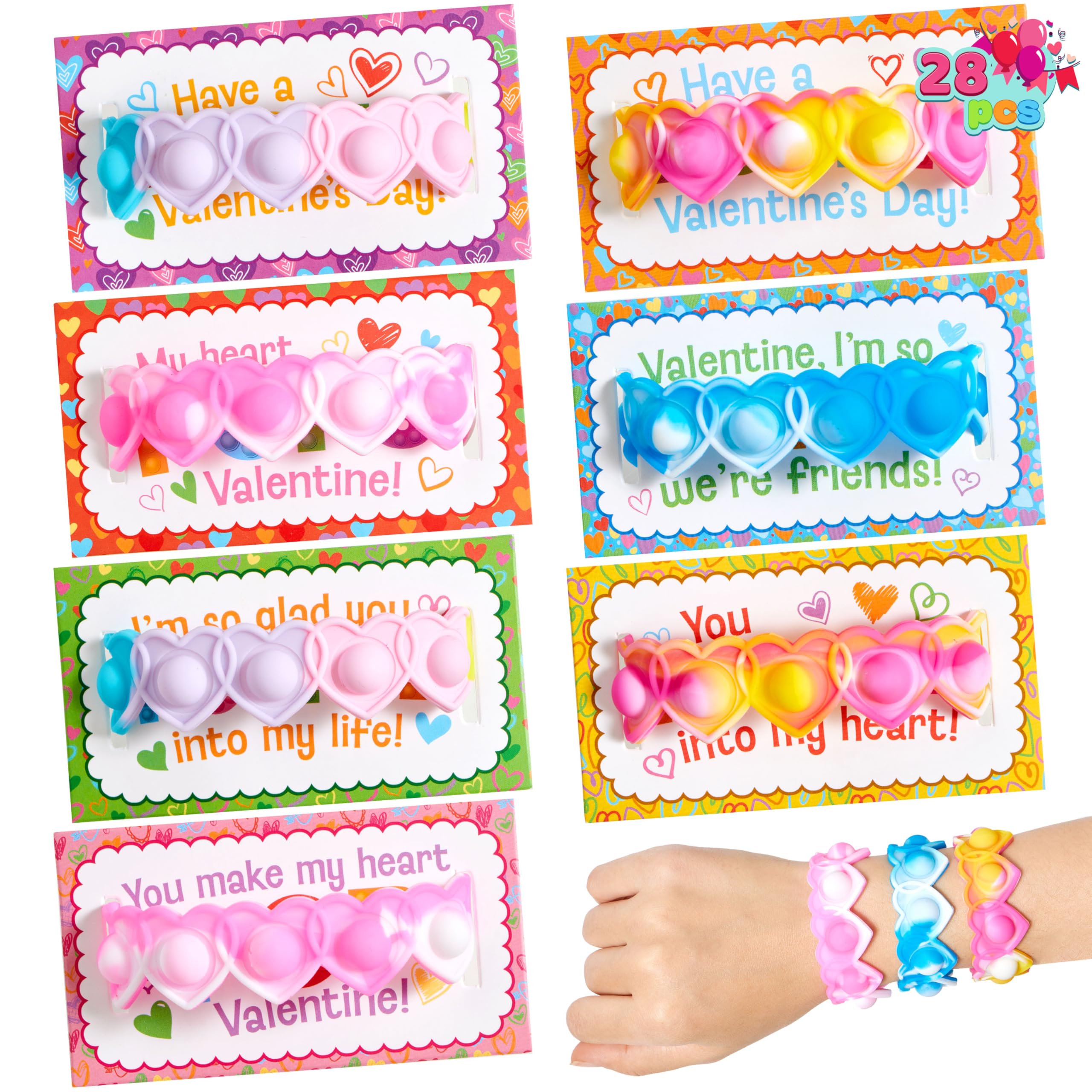 JOYIN 28 PCS Valentine's Day Gifts Cards with Heart Pop Fidget Bracelets, Stress Relief Pop Bubble Fidget Toys for Kids Girls Boys Valentines Classroom School Exchange Gifts, Party Favor Prizes