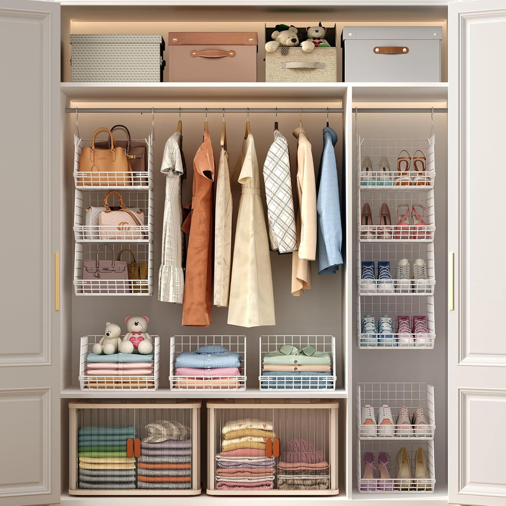 X-cosrack 4-Tier Closet Organizer - Foldable Shelving with Hooks & Wire Storage Baskets | Patent White