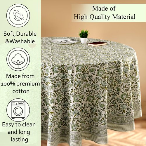 CPC Round Tablecloth- Cotton Indian Block Print Tablecloth -Handmade Printed Washable Cotton Table Cloth - Spring/Summer, Wedding Table Cover - Agate Green 72 Inch