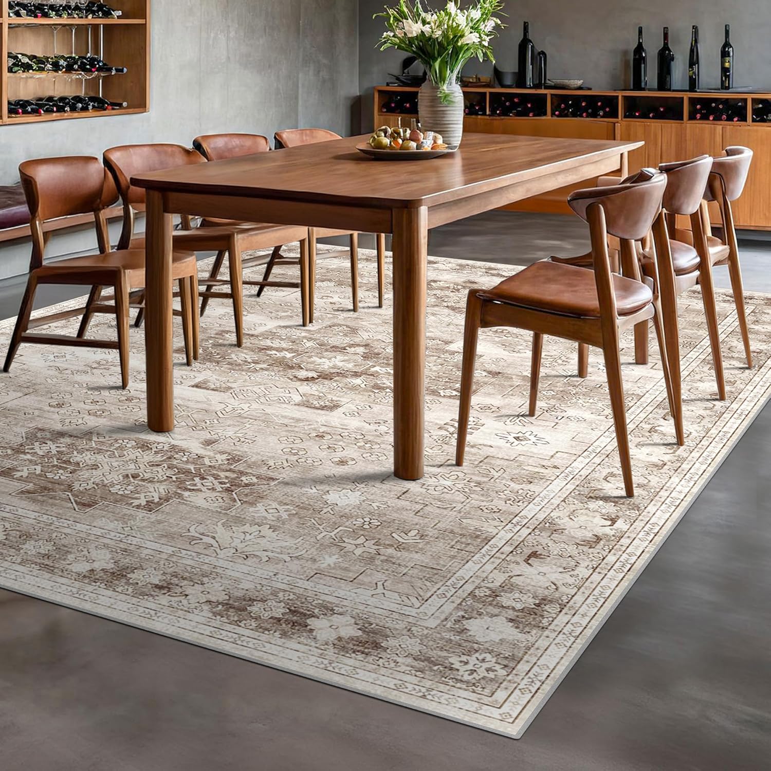 Skiennix Washable Area Rug - Large 8x10 Boho Vintage Floral Design | Stain Resistant & Non-Slip (Beige/Latte)