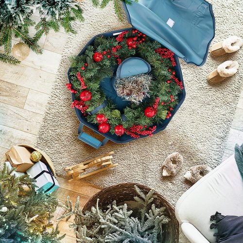 Hearth & Harbor Christmas Wreath Storage Organizer Box - Premium Hard Shell with Dual Zipper & Pockets, 30" | Blue