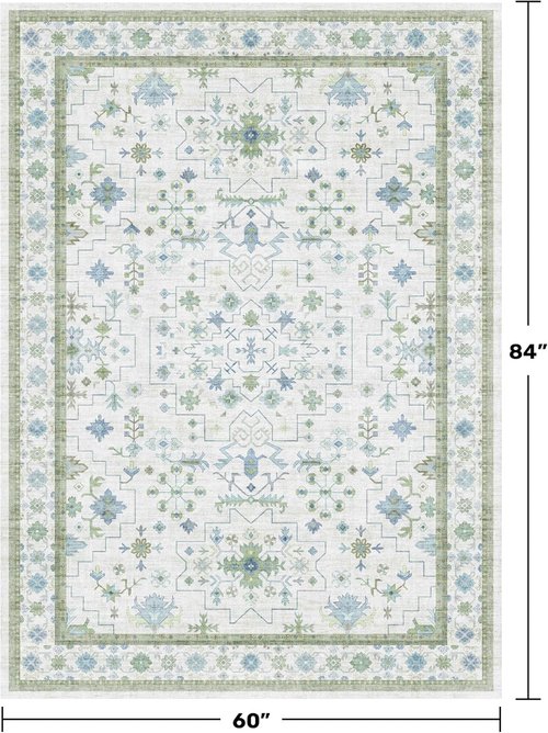 Hazo Haus Oushak Area Rug - Vintage Boho Floral Design, Washable 5x7 Blue & Green Non-Slip Rug