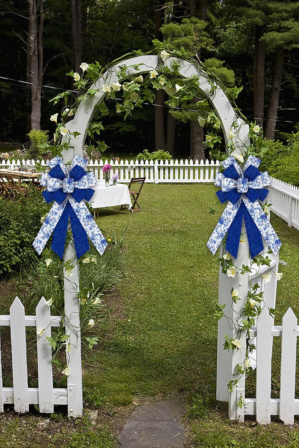 Skiennix Large Blue Spring Bows - Linen Flowers Burlap Ribbon for Wreaths & Decorations