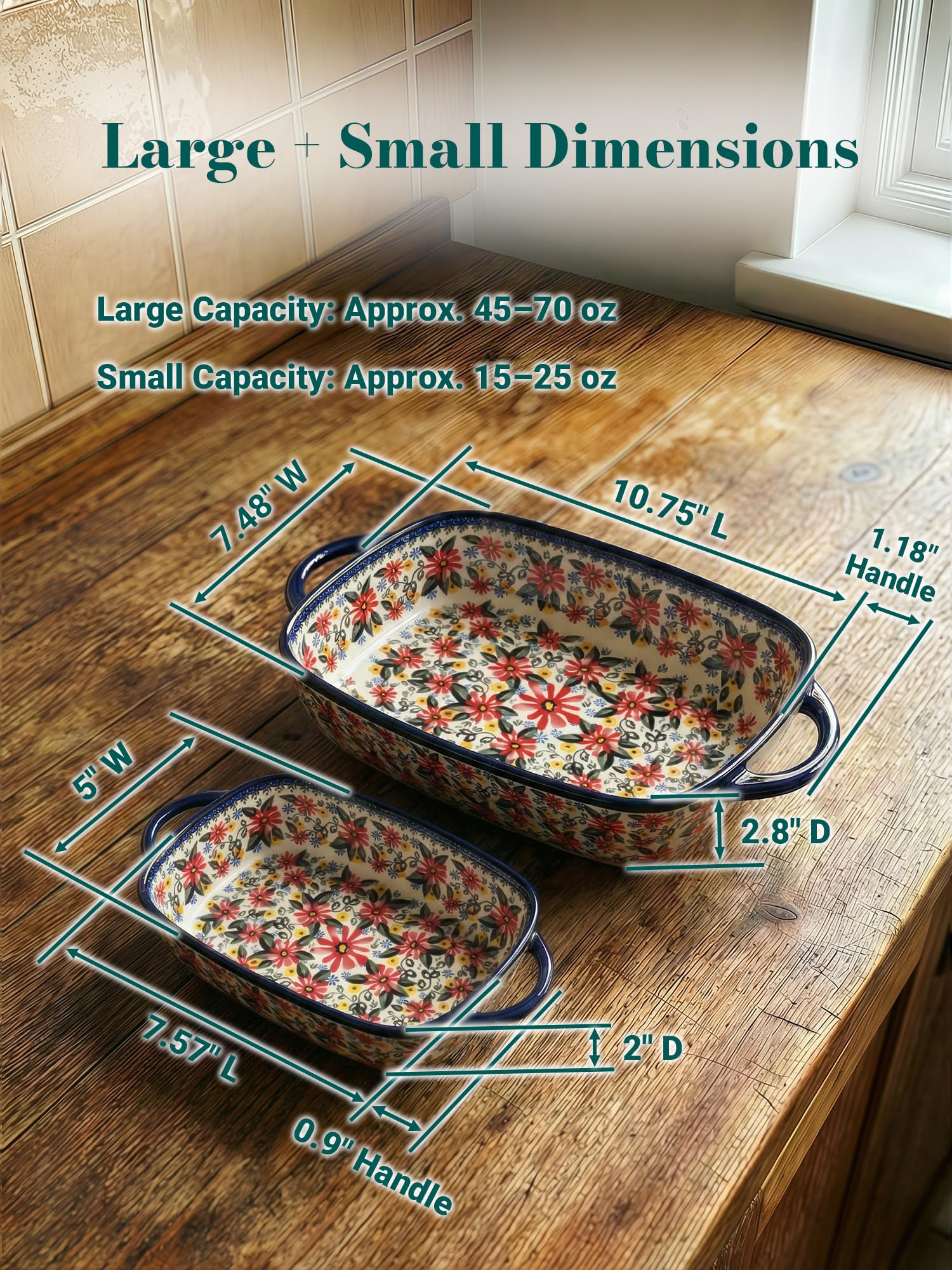 Polish Pottery Style Ceramic Baking Dish Set, 2-Piece Large & Small Casserole Bakers for 2–3 People, Floral Oven-to-Table Bakeware, Microwave & Dishwasher Safe, Gift-Ready with Protective Packaging