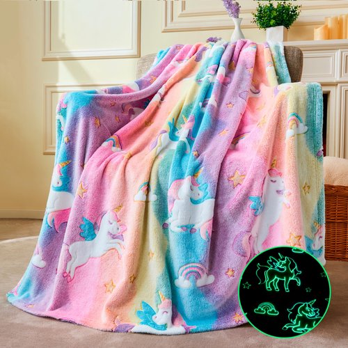 Joiedomi Glow in The Dark Blanket - Unicorns Gifts Toys for Girls Age 2 3 4 5 6 7 8 9 10 11 12 Year Old - Soft Cozy Flannel Kids Throw Blanket, Birthday Bedroom Decor 50"×60"