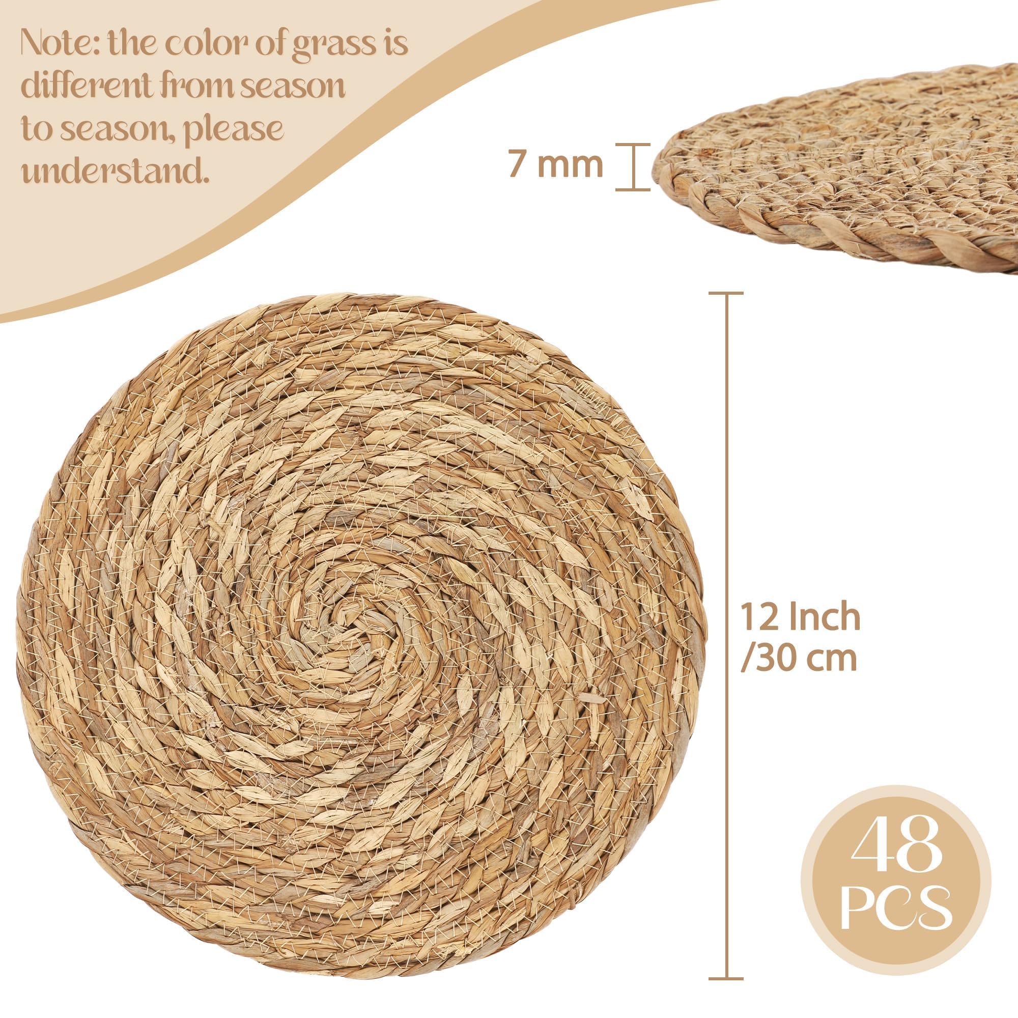Aneco 48 Pack 12-Inch Round Woven Placemats Natural Hand-Woven Boho Rattan Wicker Bulrush Placemat Farmhouse Rustic Braided Table Mats for Dining & Kitchen Decor