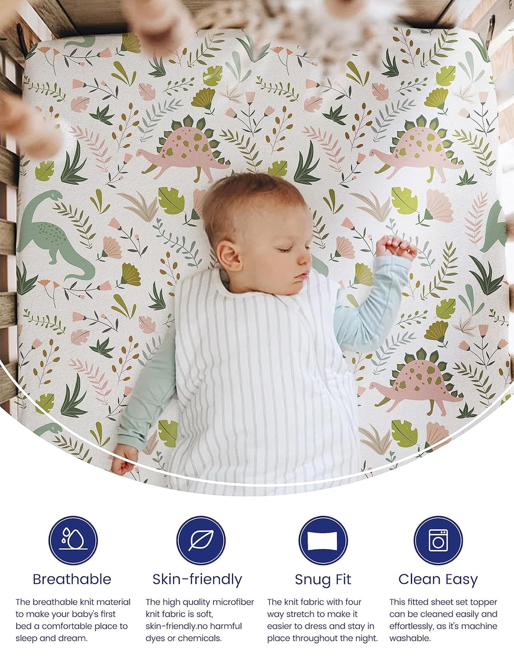 TotAha Dinosaur Crib Sheets - Premium Soft Fitted Baby Mattress Sheets | Ultra Breathable, 2 Pack 28x52x9