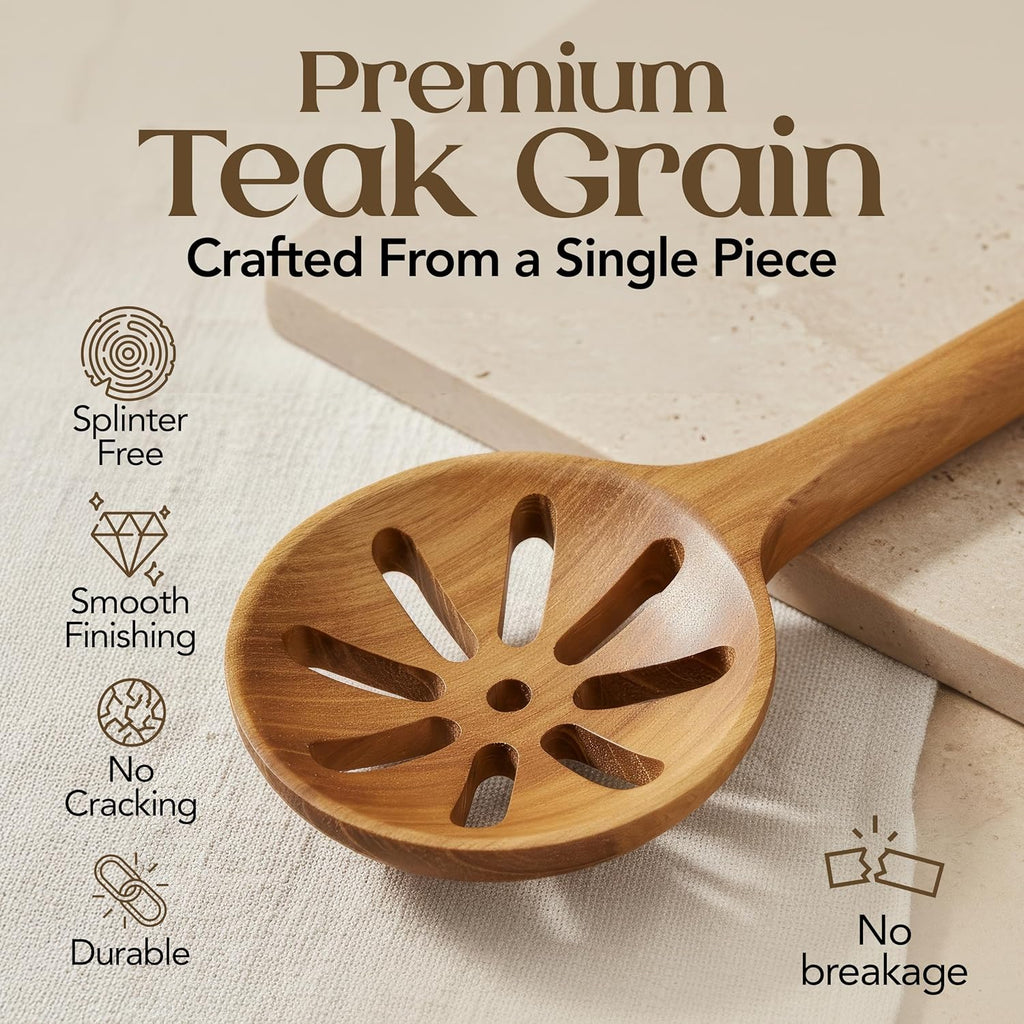 Skiennix 8-Piece Teak Wooden Cooking Spoons Set - Smooth Sanded Utensils with Comfortable Grip Handles