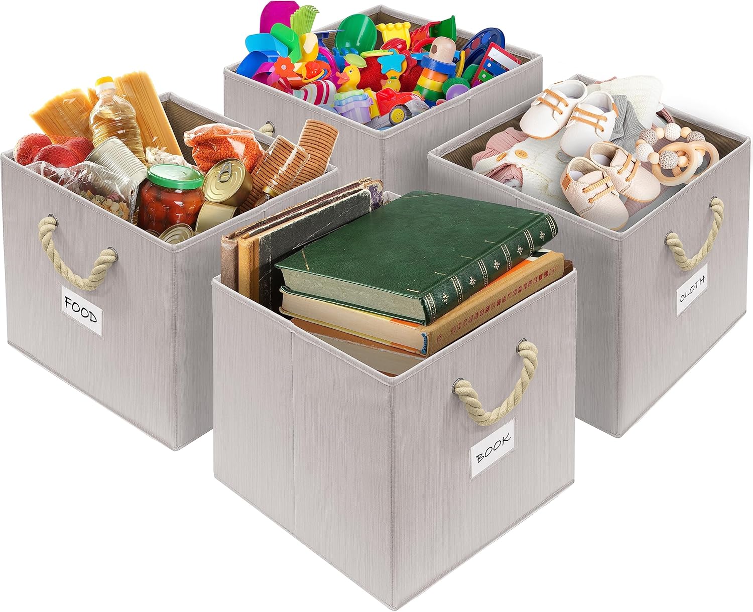 Simple Houseware 13-Inch Cube Storage Bins - Braided Handles, Set of 3, Ivory Color