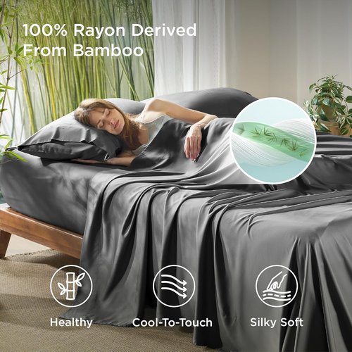 Bedsure Cooling Bed Sheets - Rayon from Bamboo, Breathable & Soft, Deep Pocket Up to 16 Inches, Grey