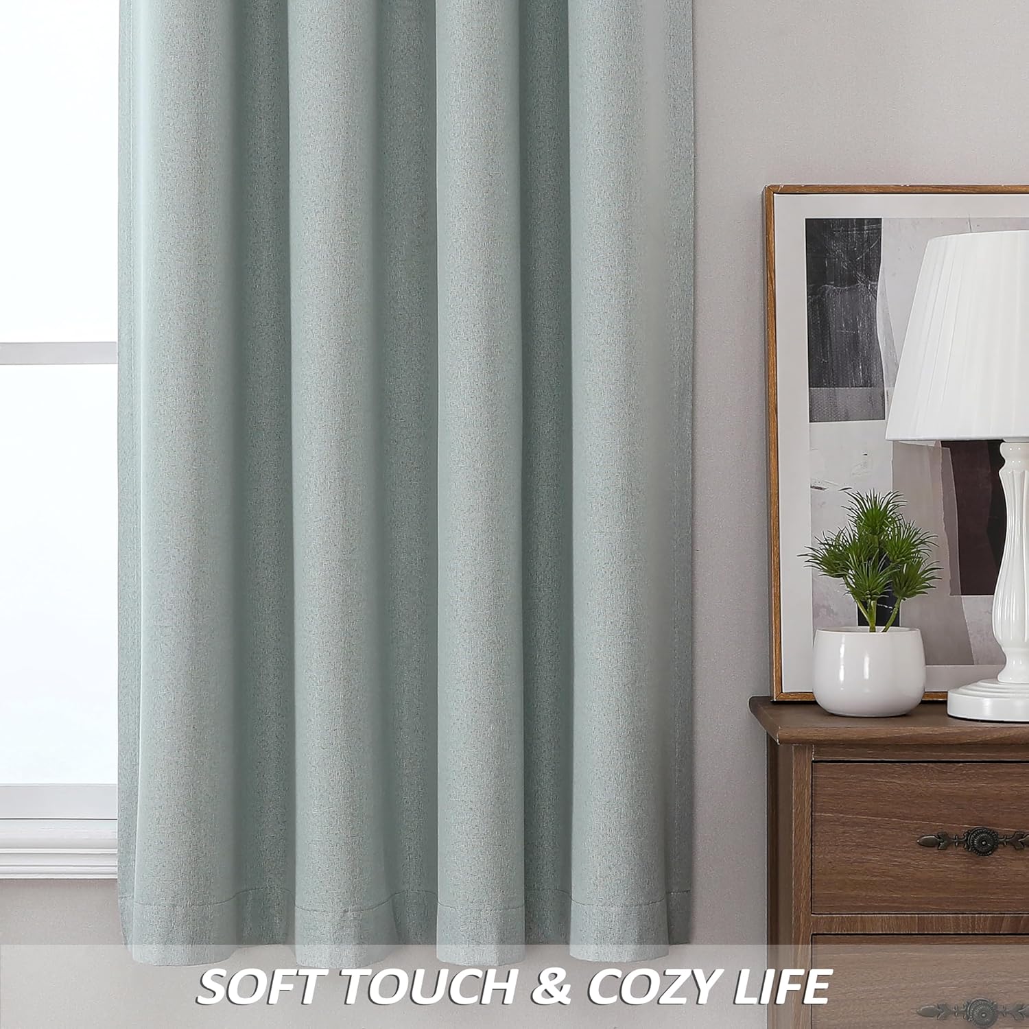 THOOO 100% Blackout Curtains - Natural Linen Texture | 84-Inch Thermal Insulated Grommet Panels in Sage Green for Bedroom & Nursery