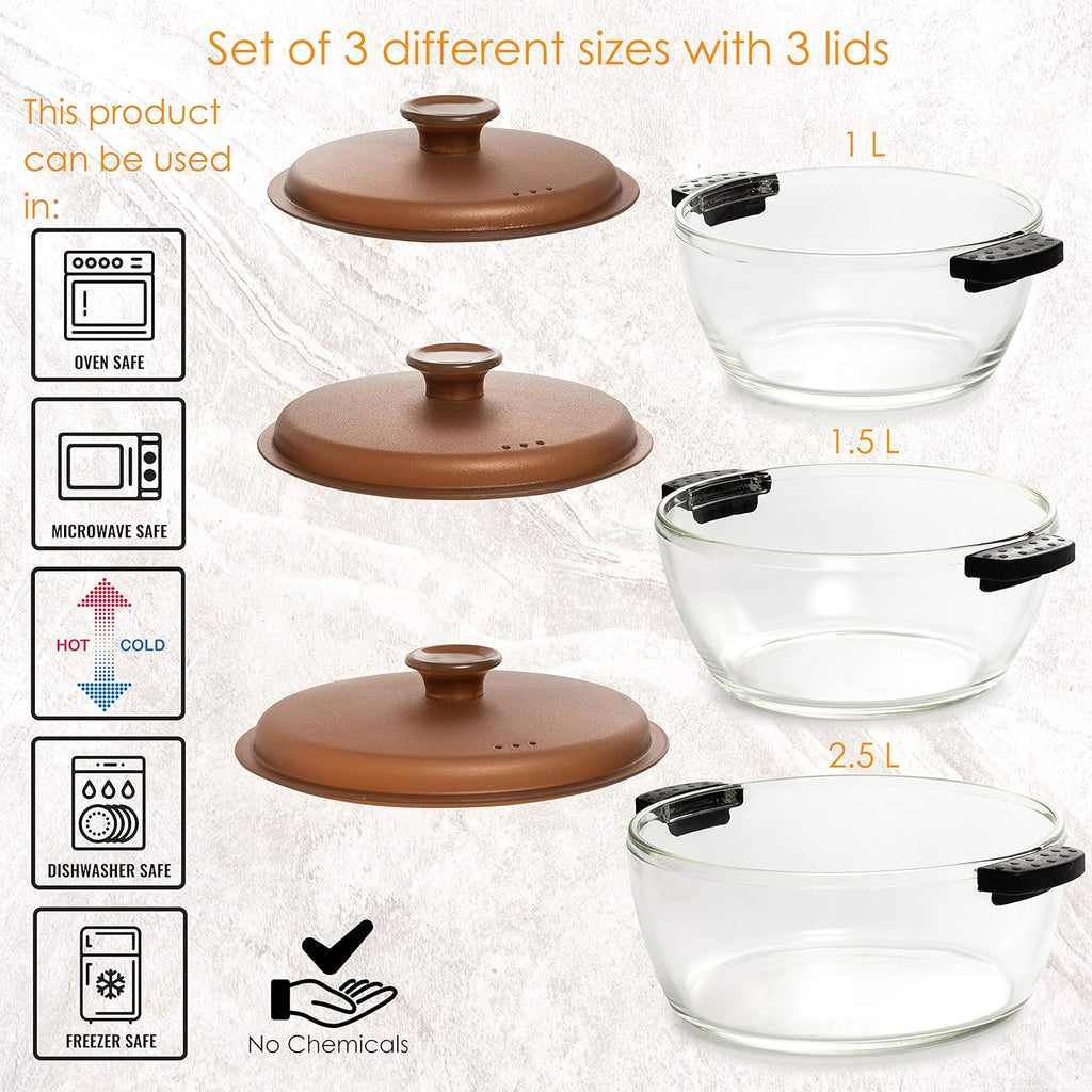 Moss & Stone 6-Piece Borosilicate Glass Casserole Set - Durable Oven & Microwave Safe Dishes | 2.6/1.5/1 Qt