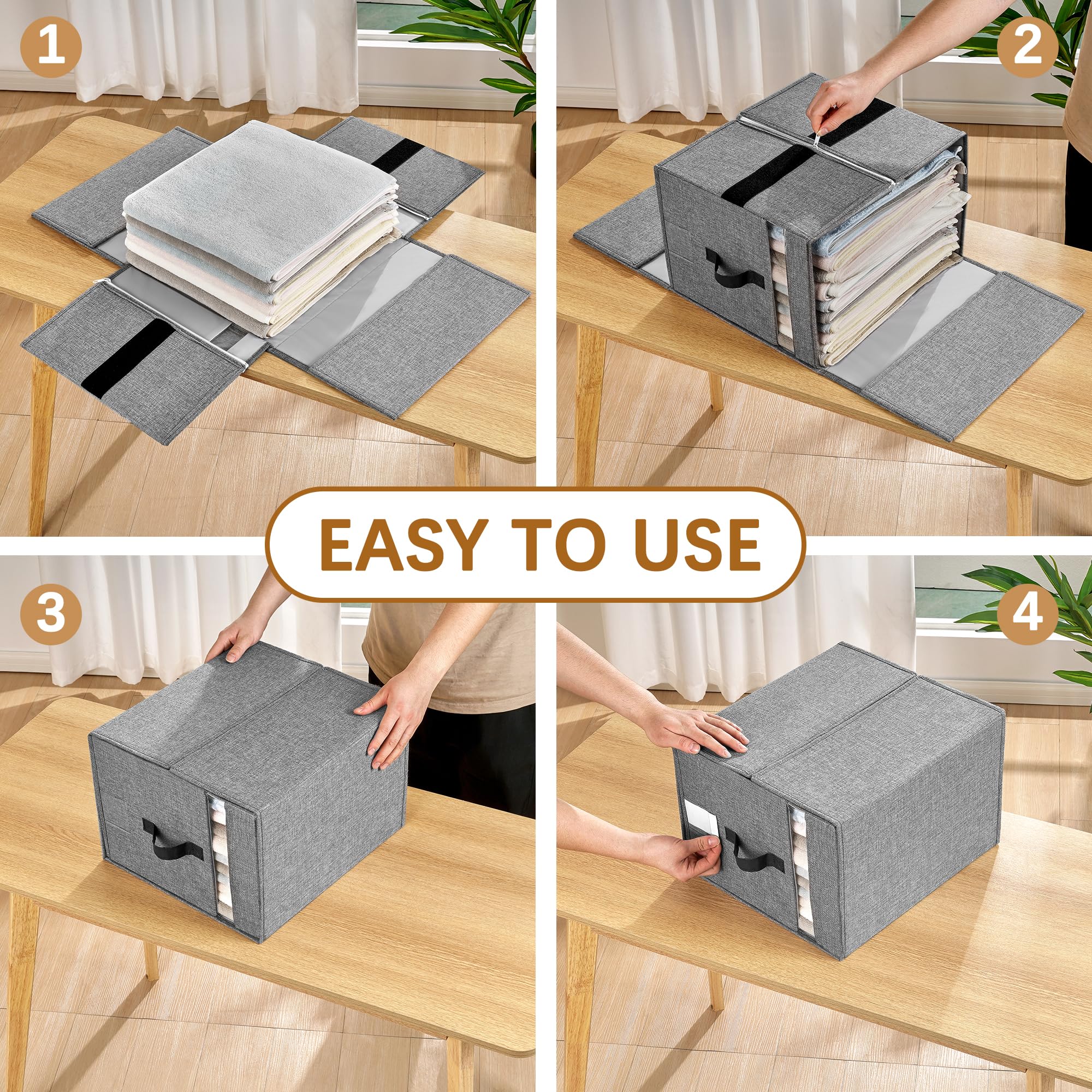 VECELO Bed Sheet Organizers and Storage, 2 IN 1 Foldable Sheet Organizer for Linen Closet with Window and Label, Bedding Storage Box for Blanket Queen and King Sheets Set Comforter Pillow, 2 Pack