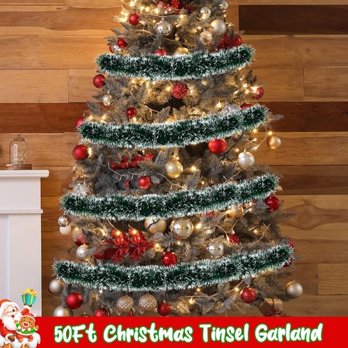 50FT Christmas Tinsel Garland Green Garland for Christmas Tree Decorations, Xmas Tinsel Garlands for Decoration Indoor Outdoor Party Supplies Holiday Decor (Green and White)