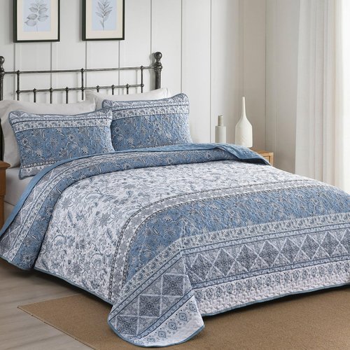 Yiran Blue Boho Quilt Set Queen Size Striped Bedspread Floral Bedding Set 3 Pieces Soft Microfiber Paisley Quilt with 2 Pillow Shams 96" x90''