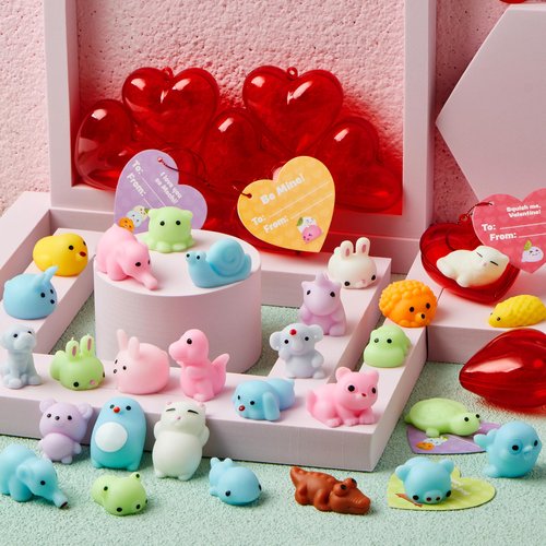 JOYIN 28 PCS Valentine’s Day Mochi Squishy Toys Filled Hearts and Gift Cards for Kids Valentine Classroom Exchange Party Favors, Kawaii Stress Relief Toys for School Game Prizes and Carnivals Gift