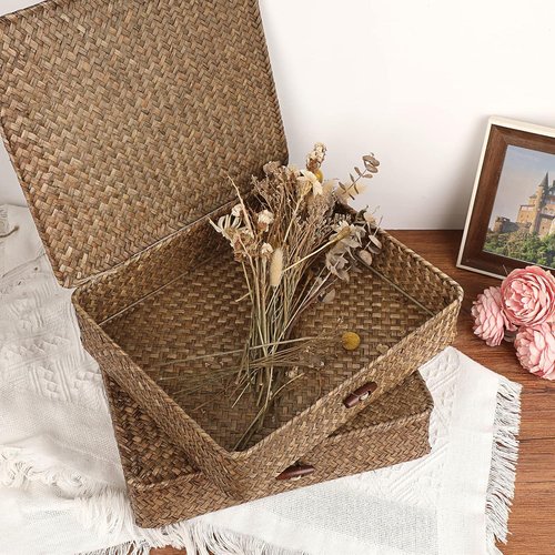 Hipiwe Woven Wicker Basket Bins - Set of 2 Large Seagrass Storage Baskets with Lid for Home Organization | Coffee Color