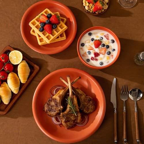 Ruxmirae Timeworn Clay Dinnerware Set, 12 Pieces Stoneware Sets for 4, Hand-Finished Glaze Farmhouse Plates and Bowls, Microwave and Dishwasher Safe, Terracotta Red