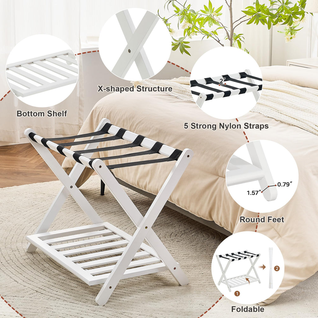 oakvivo Fully Assembled Luggage Racks Pack of 2, Upgraded Bamboo Foldable Suitcase Stand with 5 Nylon Straps, 26.77" Thickened Luggage Stand Holder with Shelf for Guest Room Bedroom Hotel, White