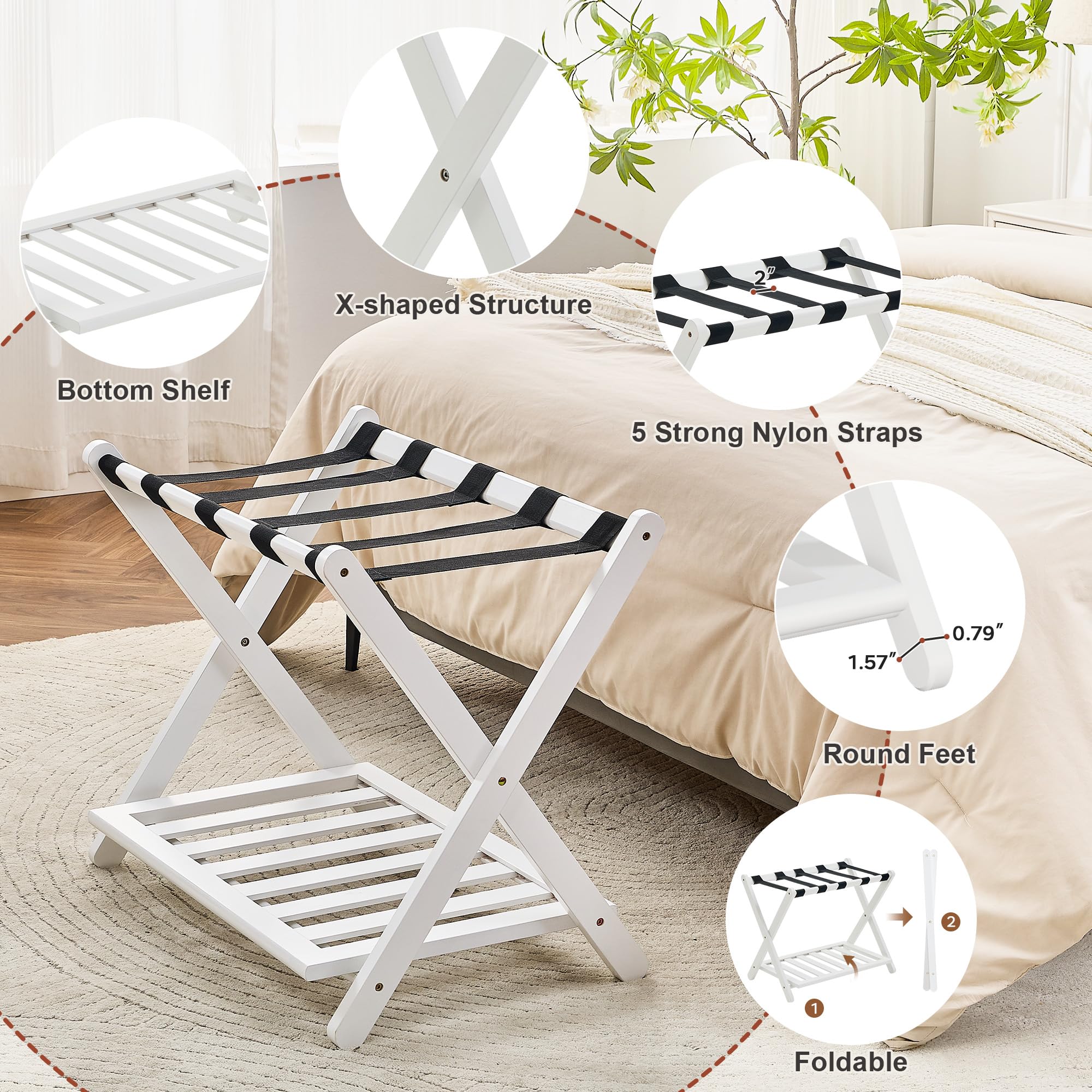 oakvivo Fully Assembled Luggage Racks Pack of 2, Upgraded Bamboo Foldable Suitcase Stand with 5 Nylon Straps, 26.77" Thickened Luggage Stand Holder with Shelf for Guest Room Bedroom Hotel, White