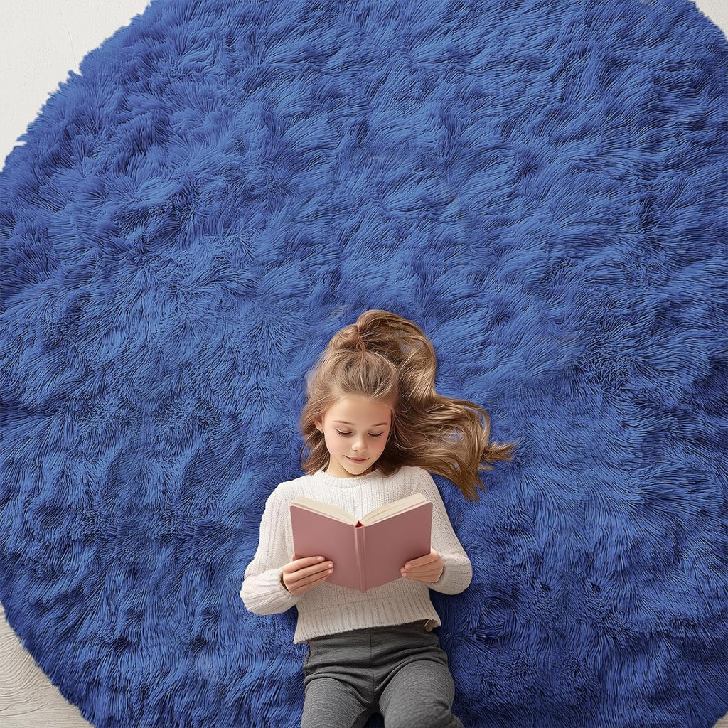 OLANLY Navy Blue Round Area Rug - Soft, Fluffy, Machine Washable 8 ft Circle Carpet for Bedrooms & Nurseries