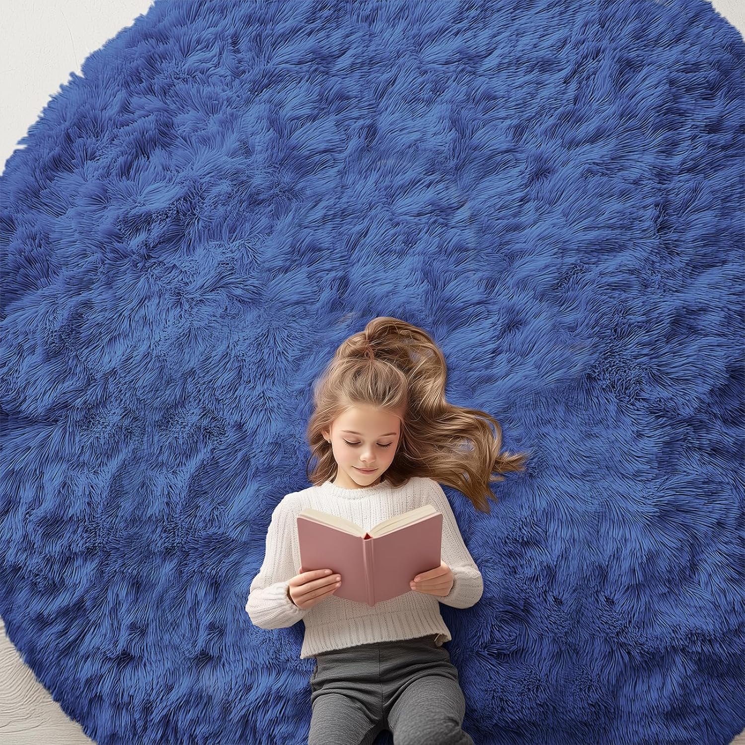 OLANLY Navy Blue Round Area Rug - Soft, Fluffy, Machine Washable 8 ft Circle Carpet for Bedrooms & Nurseries