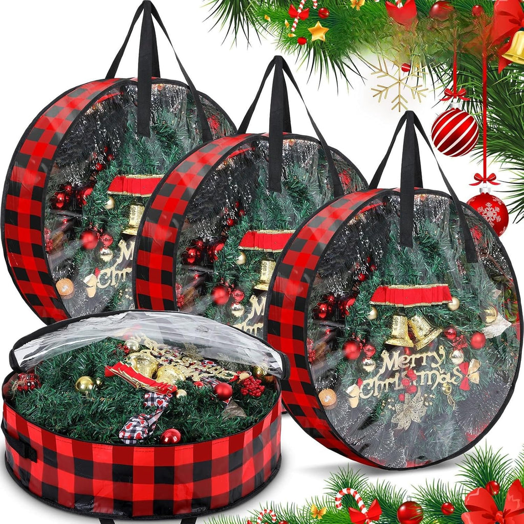 Shappy Christmas Wreath Storage Bag - 4 Pcs with Clear Window & Handles | Red Black, 24 Inch