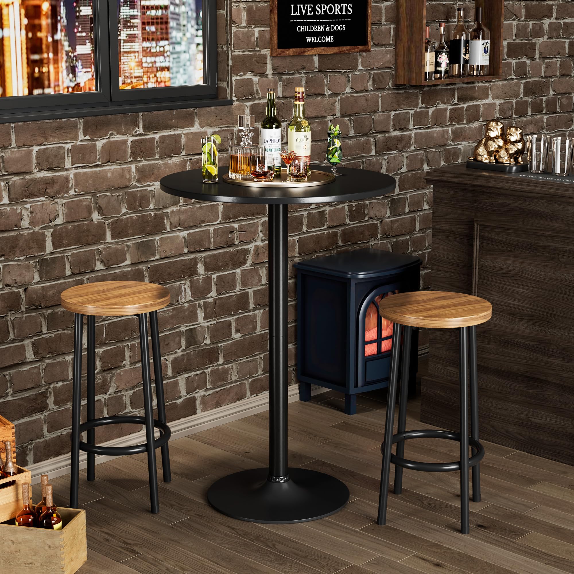 Shahoo Round Bar Table, Cocktail Table with Metal Base & MDF Top, Counter Height Pub Table for Dining Room, Living Room, Kitchen, Bar, Pub, Cafe, Black