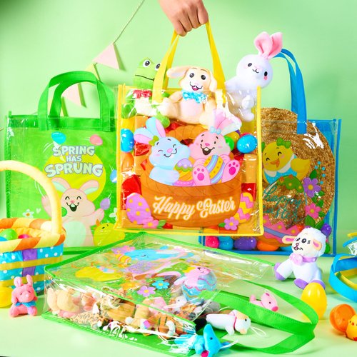 JOYIN 6 Pcs Easter Party Favor Supplies Gift Bags For Kids, 13" x 13" x 4" Big Size Non Woven Goodie Reusable Easter Rabbit Bunny Party Treat Bags with Handles for Egg Hunt