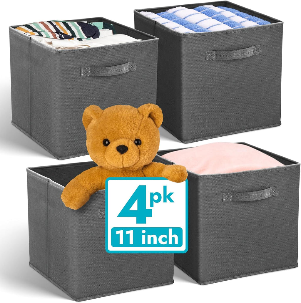 Reli. 11-Inch Cube Storage Bins - Collapsible Fabric Organizer Bins (4 Pack) | Dark Gray Cubby Boxes