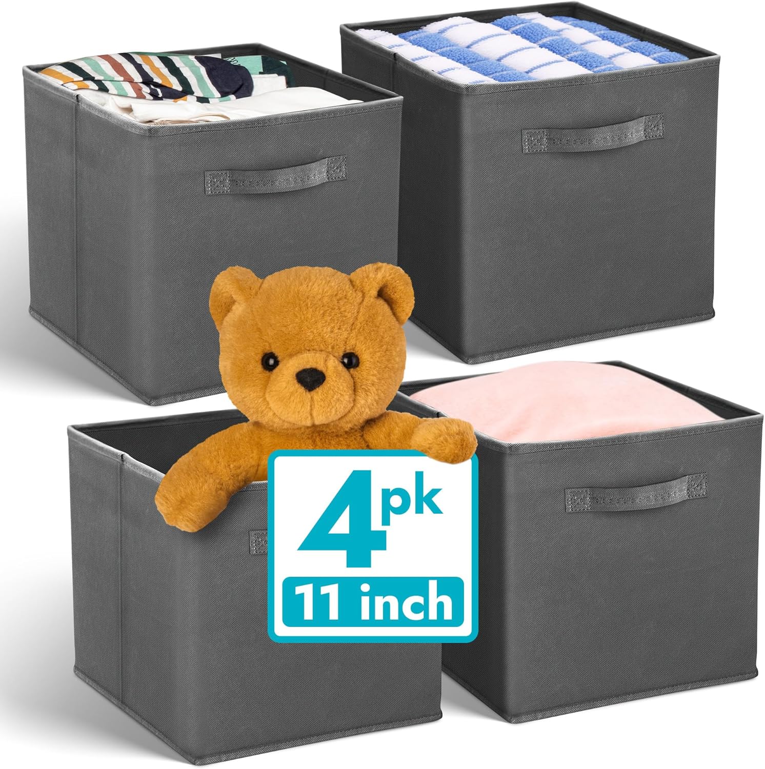Reli. 11-Inch Cube Storage Bins - Collapsible Fabric Organizer Bins (4 Pack) | Dark Gray Cubby Boxes