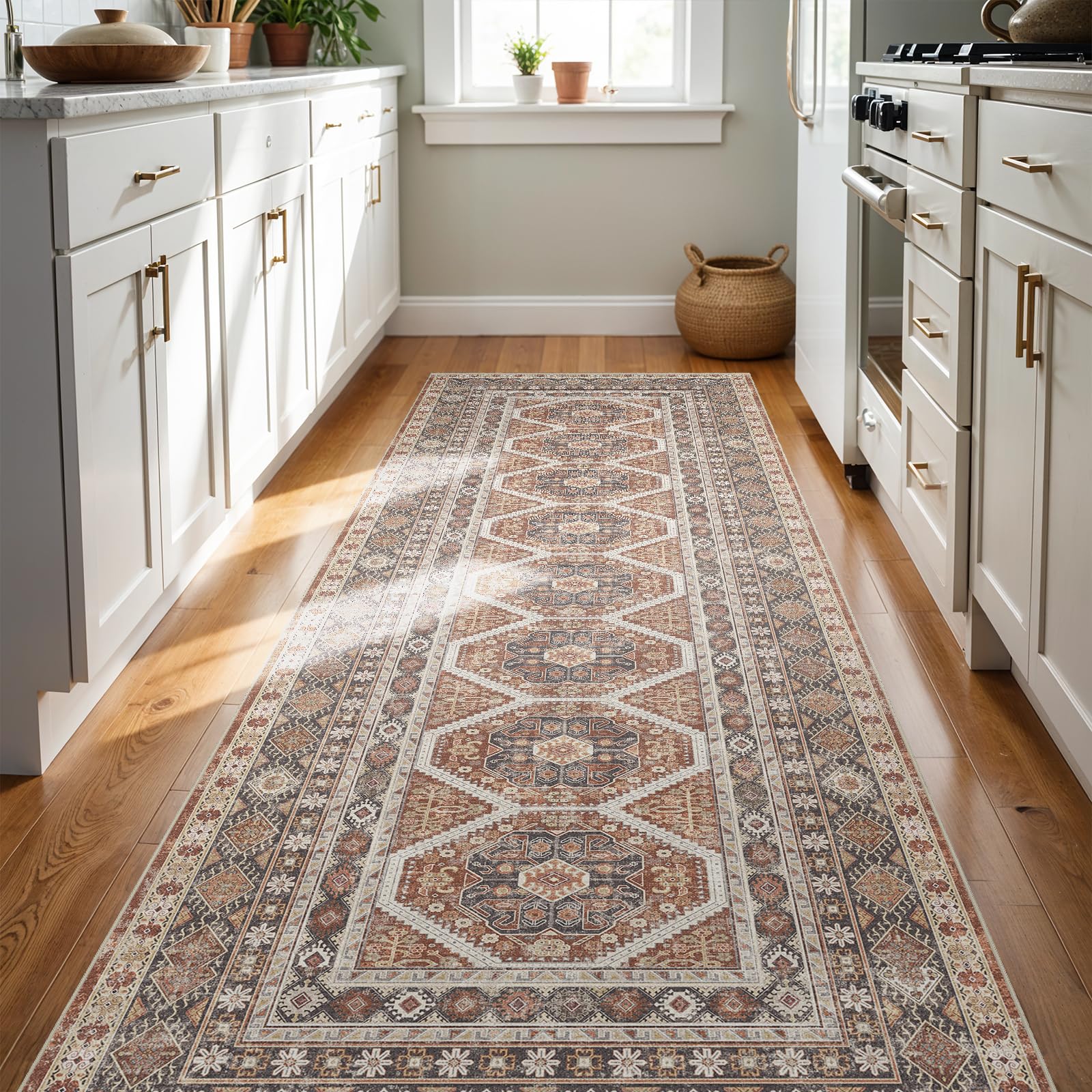 3x8 Runner Rug Kitchen Washable: Oriental Indoor Hallway Runners with Non Slip Backing Floor Mat for Entryway Door Low Pile Thin Carpet for Bedroom Bathroom Living Room Bedside Brick